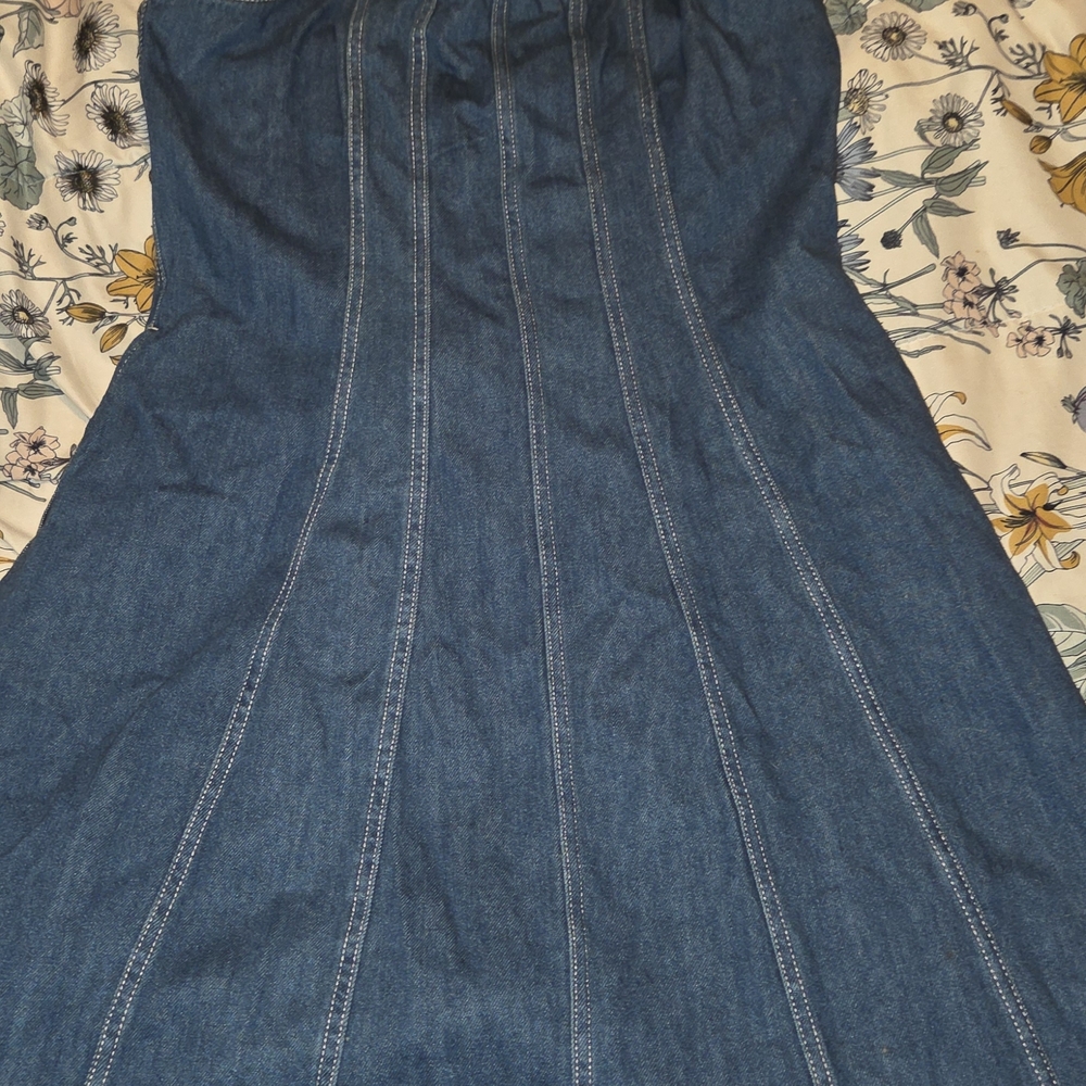 Denim Midi Dress with Contrast Stitching - Blue